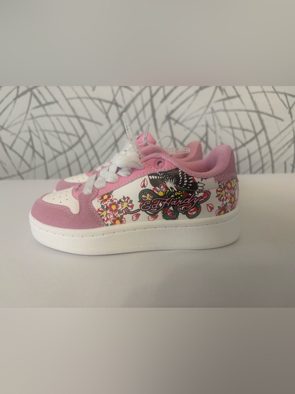 Ed Hardy Pink and White Floral Tattoo-Style Graphic Girls Sneakers